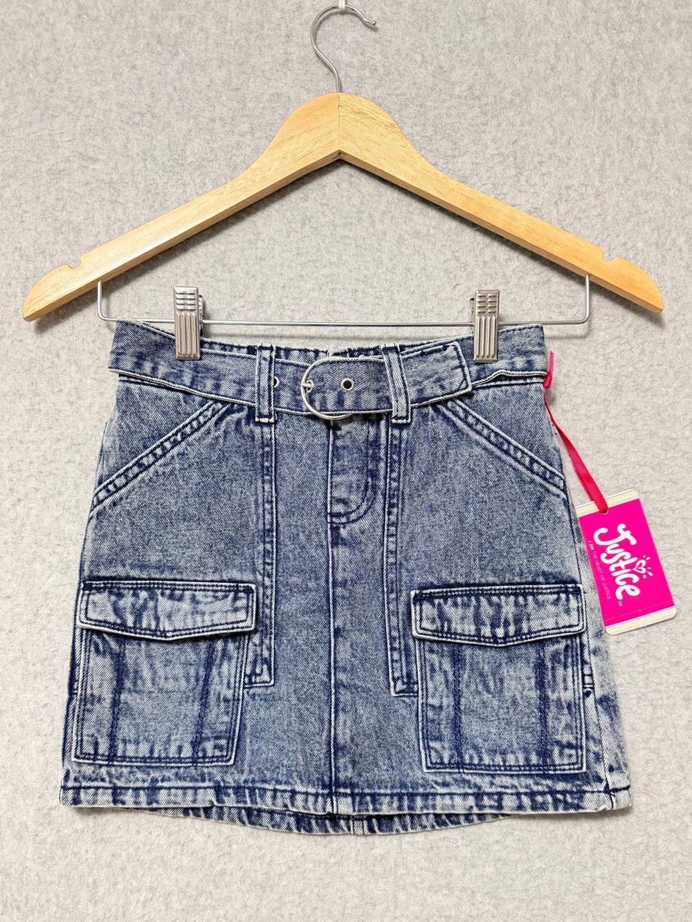 Justice Cargo Denim Skort NWT Size 8 Dark Wash Attached Belt Back Elastic Waist